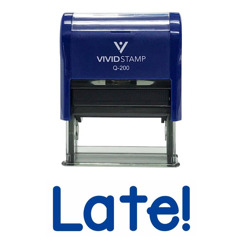 Vivid Stamp Late! Teacher Self Inking Rubber Stamp (Blue Ink) - Medium - Image 1